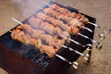 kebabs are fried on the grill, smoke from the coals