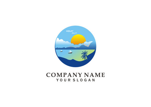 landscape logo of the sea and mountain landscape or logo vector illustration of sunrise and sunset