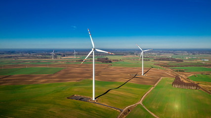 White wind turbines as pure energy, view from above