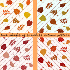 Four seamless patterns in different shades with flying autumn leaves.