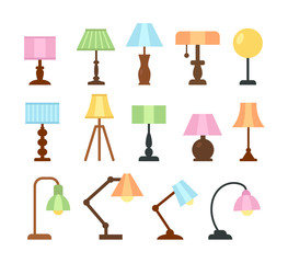 Table lamps. Flat icon set. Light fixtures. Home & office lighting. Interior design elements. Vector illustration