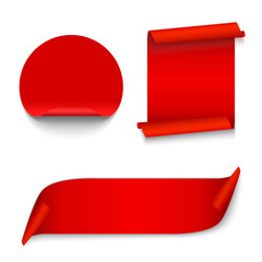 Set of red ribbons and  sticker banners for web design.