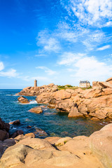 Landscape on the Pink Granite Coast in northern Brittany on the municipality of Perros-Guirec,...
