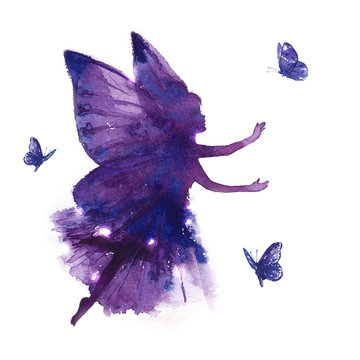 Watercolor silhouettes of dancing fairies on a white background.