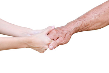 Young asian girl hand holding elderly man , care and support in family concept isolated on white background with clipping path