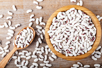 white black eyes beans in a wooden spoon and plate on the table. place for text.