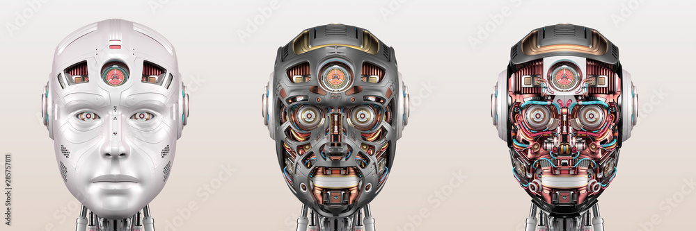Poster robot head or set of three different cyborg faces. isolated on color background. 3d render