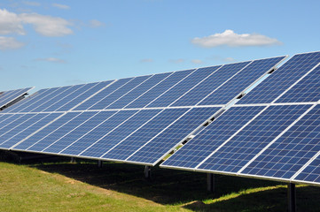 Solar panels and blue sky. Solar panels system power generators from sun.