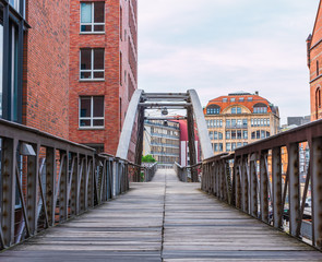 Speicherstadtmuseum of Hamburg with bridges and river