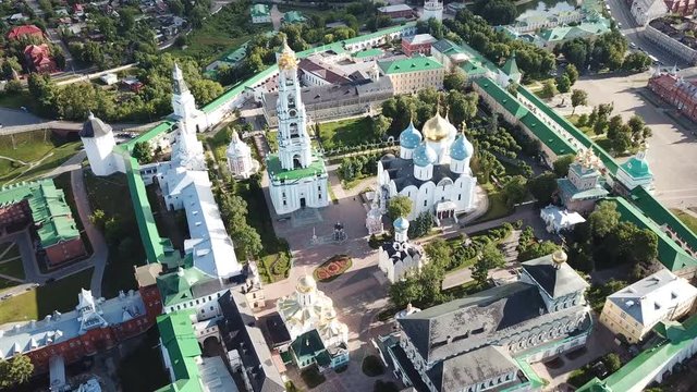 Panoramic view of unique monastery complex of Trinity Lavra of St. Sergius in sunny day, Sergiev Posad, Moscow region, Russia