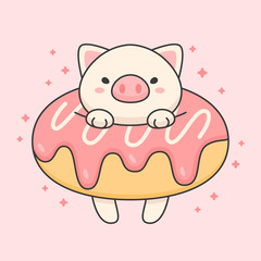 Vector character of cute pig in a strawberry doughnut