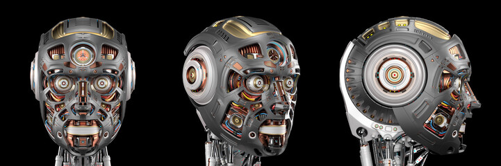 Robot head or very detailed cyborg face. Set of three diferent angles. Isolated on black background. 3d render