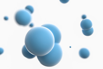 Blue spheres and molecular model, random distributed, 3d rendering.