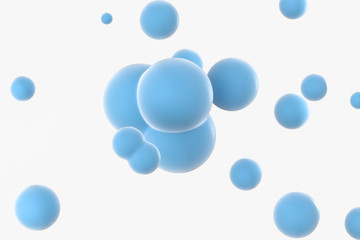 Blue spheres and molecular model, random distributed, 3d rendering.