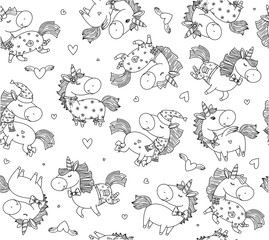 Vector  baby unicorns cartoons seamless pattern, black silhouette isolated.