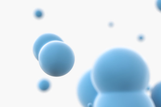 Blue spheres and molecular model, random distributed, 3d rendering.