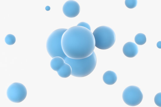 Blue spheres and molecular model, random distributed, 3d rendering.