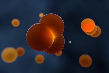 Orange spheres and molecular model, random distributed, 3d rendering.