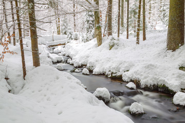 Long exposure of the Kleine Ohe, a small creek flowing through the snowy forest in the Bavarian Forest National Park in Bavaria, Germany.