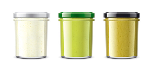 Set of Glass Jar with Sauces, Wasabi, Horseradish, Mustard. 