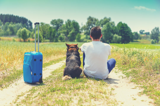 Man and dog are best friends travelers. Man and the dog sits together with travel suitcase back to the camera on a dirt road in the field in summer - Powered by Adobe