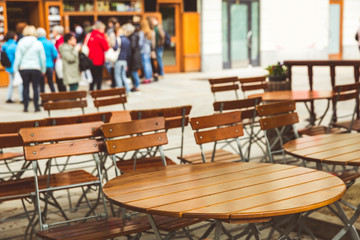 Wooden tables in outdoor cafe, Karlovy Vary