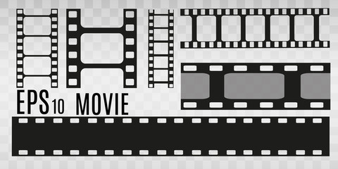 Set of film vector stripes isolated on transparent background.Film strip roll. Vector cinema background.