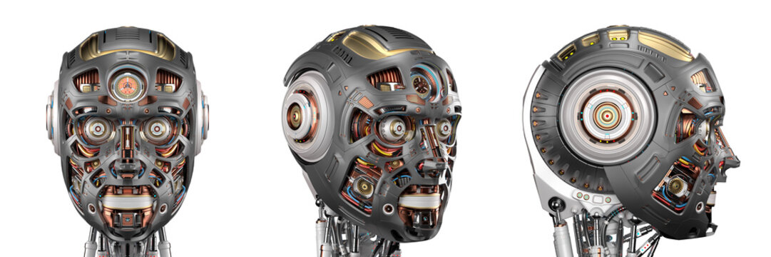 Robot head or very detailed cyborg face. Set of three diferent angles. Isolated on white background. 3d render