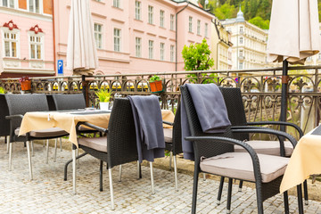 Outdoor cafe with rattan furniture, Karlovy Vary
