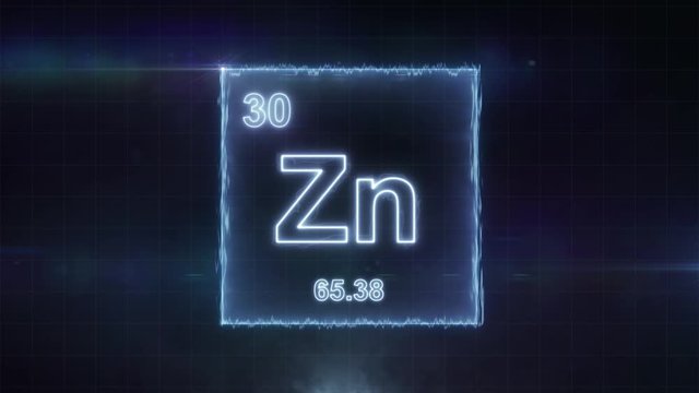 Zinc - periodic table element symbol hologram glowing on dark background in 4K