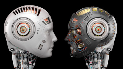 two very detailed robot heads looking at each other. Side view isolated on black background. 3d render