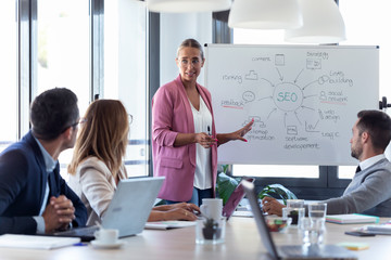 Elegant young businesswoman pointing at white blackboard and explain a project to her colleagues on...