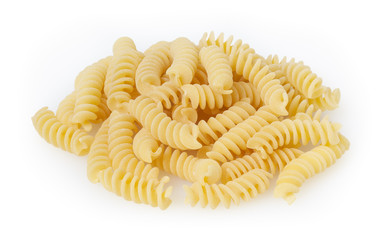 Uncooked fusilli pasta isolated on white background with clipping path