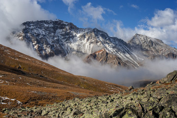 View from the trail to Shumakskiye sources. Mountains East Sayan in Eastern Siberia.