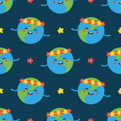 Vector seamless pattern background with cute earth planet character in floral wreath, smiling and happy.