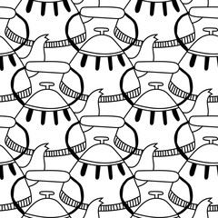 Black and white illustration of tea or coffee mugs. Seamless pattern for coloring book, page.