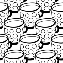 Black and white illustration of tea or coffee mugs. Seamless pattern for coloring book, page.