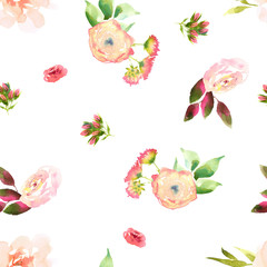 Bright Wedding bridal romanric bouquet seamless pattern. Hand drawing watercolor red and purple and green flowers ornament