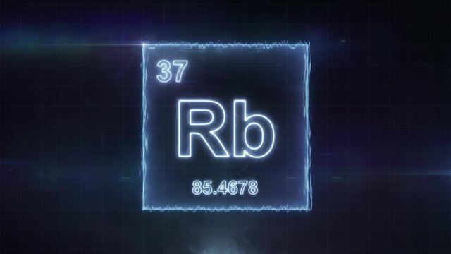 Rubidium - periodic table element symbol hologram glowing on dark background in 4K