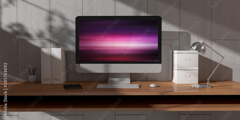 Poster computer and devices on modern wooden desk interior 3d rendering