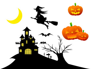ハロウィン・ほうきで空を飛ぶ魔女・城のシルエット・ジャックオーランタンイラスト素材