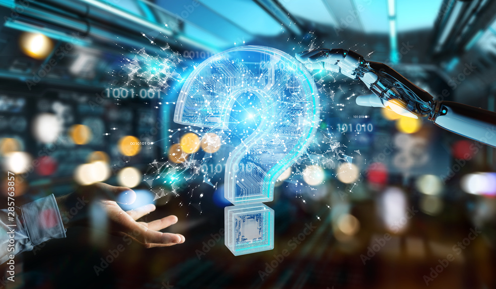 Aufkleber cyborg solving problem with digital question marks 3d rendering