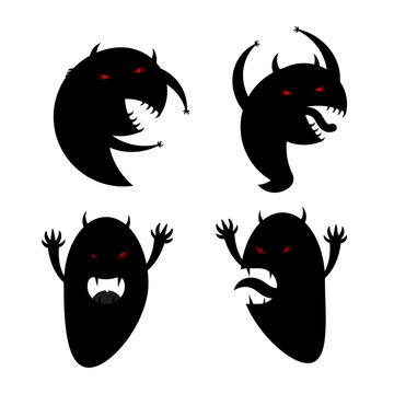 Scary Black Monster Shadow With Red Eyes On White Background, Halloween Dark Night Concept, Vector Illustration.