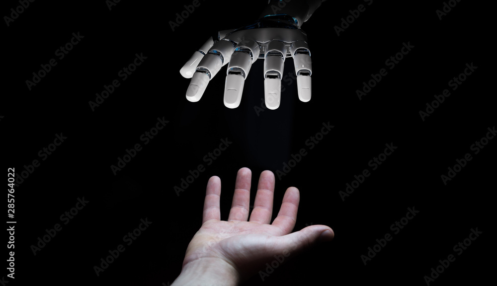 Poster robot hand making contact with human hand on dark background 3d rendering