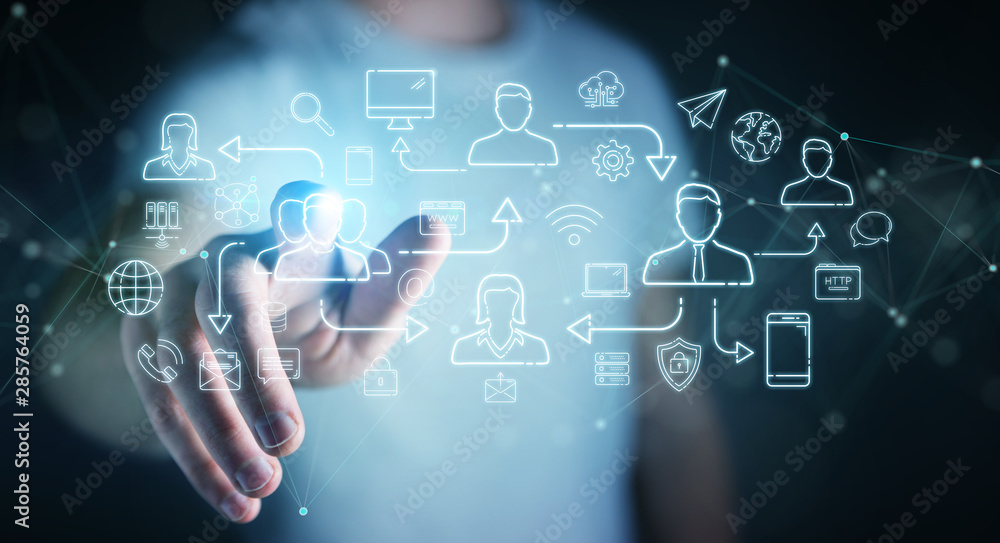 Poster businessman using thin line social network icons interface