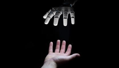 Robot hand making contact with human hand on dark background 3D rendering