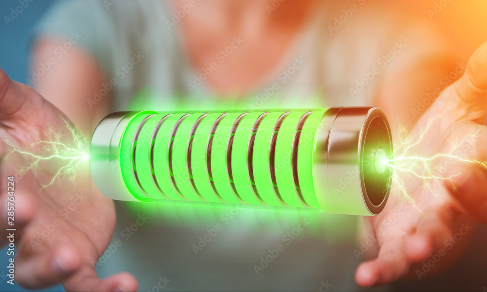 Aufkleber businessman using green battery with lightnings 3d rendering