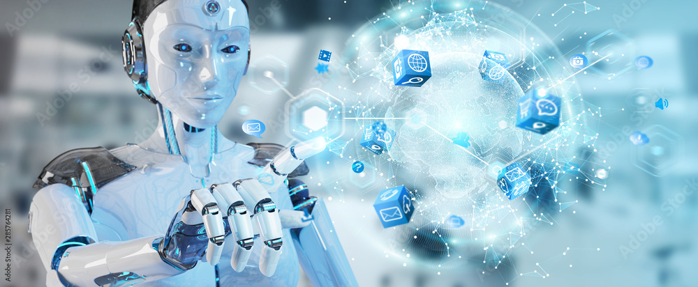 Poster white woman robot using digital screen interface 3d rendering