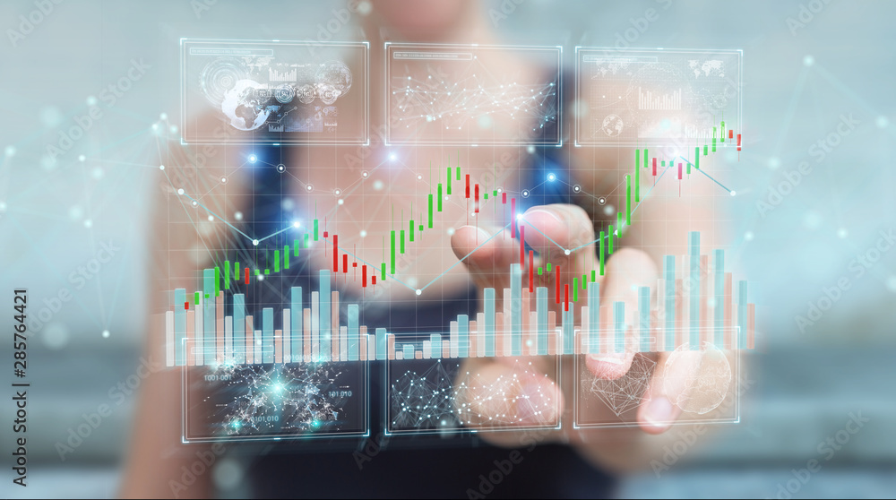 Aufkleber Businessman using 3D rendering stock exchange datas and charts