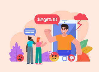 Online bully, internet troll. Argue, conflict by phone. Two women stand near big phone. Poster for social media, web page, banner, presentation. Flat design vector illustration